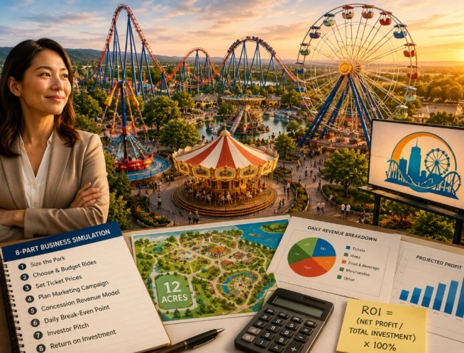 Theme Park Tycoon: an 8-part Grade 7 ratios and proportions business simulation where students size, budget, and price a theme park
